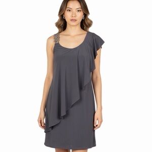 Betsy & Adam gray Embellished One Shoulder Popover Cocktail Dress stretch Size 4